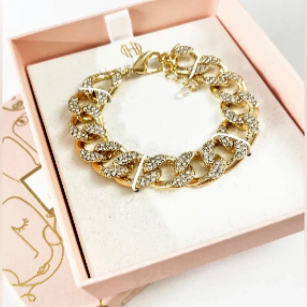 NEW House of Harlow 1960 Pave Glass Stones Crystal & Gold Link Chain Bracelet - Picture 3 of 6